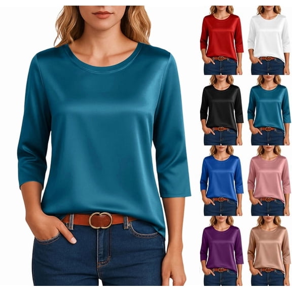 Velvet T Shirts Women Casual Crew Neck Basic Tops Fall 3/4 Sleeve Casual Loose Blouse Fashion Clothes Green L