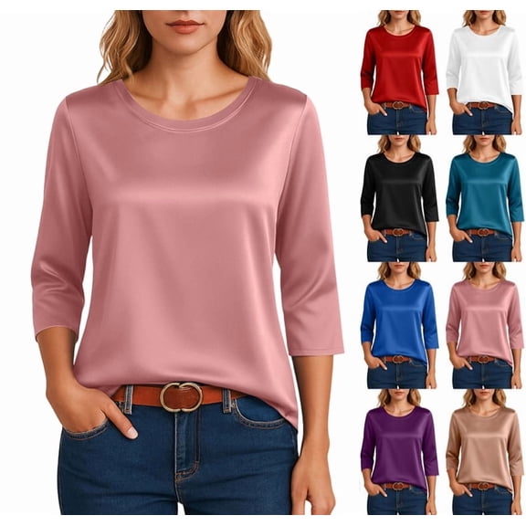 Velvet T Shirts Women Casual Crew Neck Basic Tops Fall 3/4 Sleeve Casual Loose Blouse Fashion Clothes Pink S