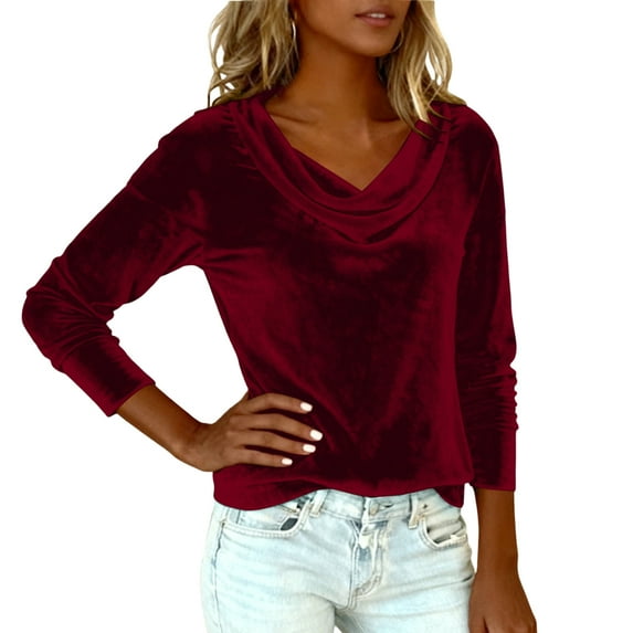 Velvet T Shirts for Women Dressy Casual Long Sleeve Shirt Cowl Neck Drape Ruched Front Blouses Solid Color Tops