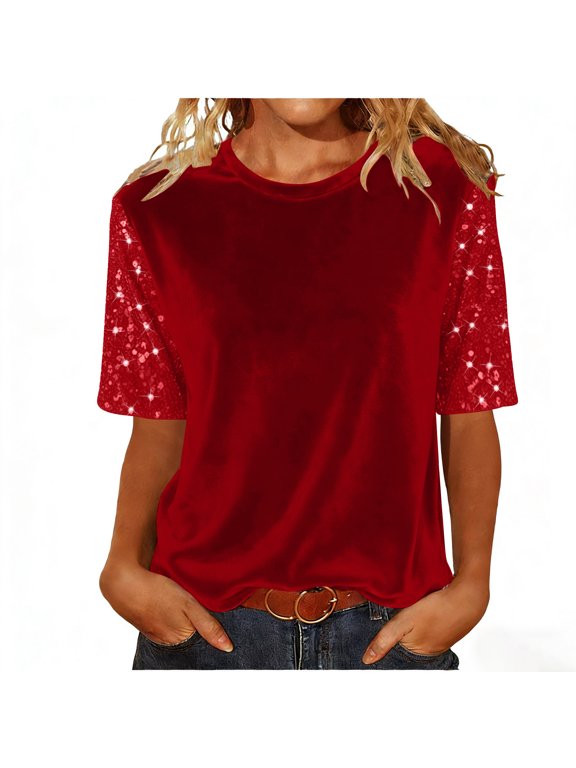 Velvet T-Shirts for Women Retro Glitter Sequin 1/2 Sleeve Crew Neck Pullover Tees for Wedding Party