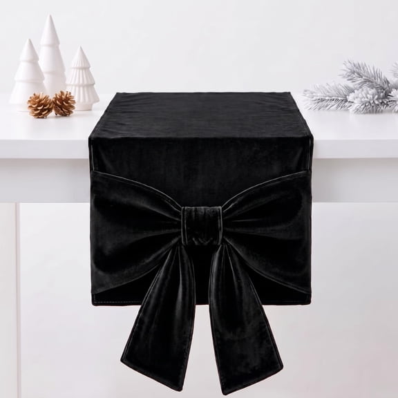 Velvet Table Runner 71.65 IN with Oversized Bow Ends Thick Fabric and Stitched Edges Bow Table Scarf Washable Dining Runner for 4 to 6 Seat Table Wedding Party Christmas Black