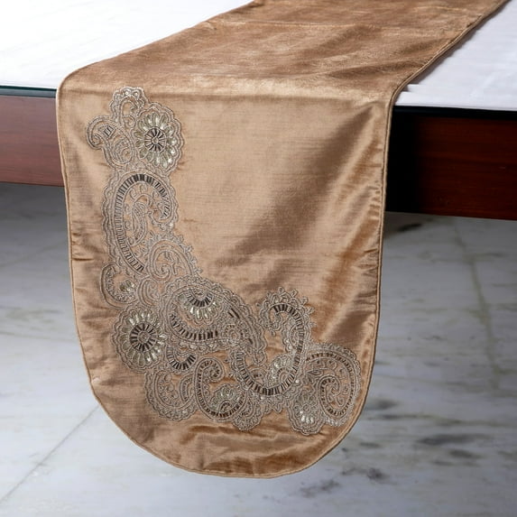 Velvet Table Runner, Gold Luxury Fabric with Bead Embroidery Gold Velvet 14 x 108 inch extra long, Wedding Decor Table Linen Modern Table Runner - Paisley Swirl