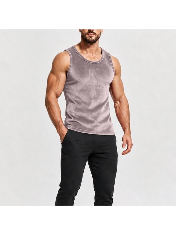 Velvet Tank Top for Men U-Neck Sleeveless Stretch Velour Casual Undershirt Daily Wear Gray L
