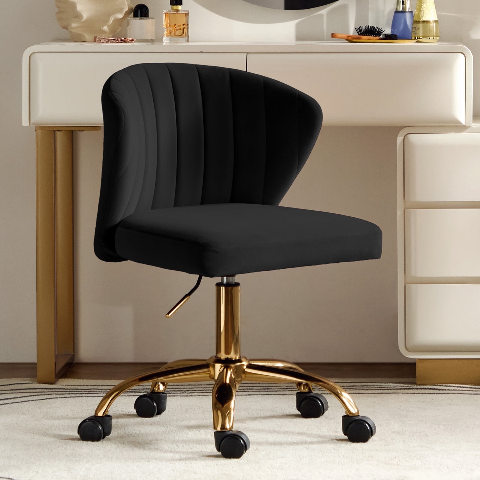 Tina's Home Swivel Vanity Chair with Gold Legs for Home Office, Adjustable Height Rolling Desk Chair for Home Office Vanity Black