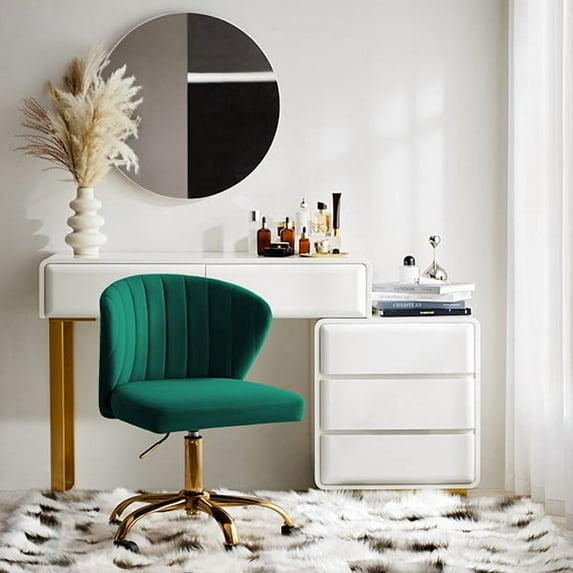 Green Velvet Swivel Office Chair with Gold Legs, Adjustable Height Rolling Desk Chair for Vanity