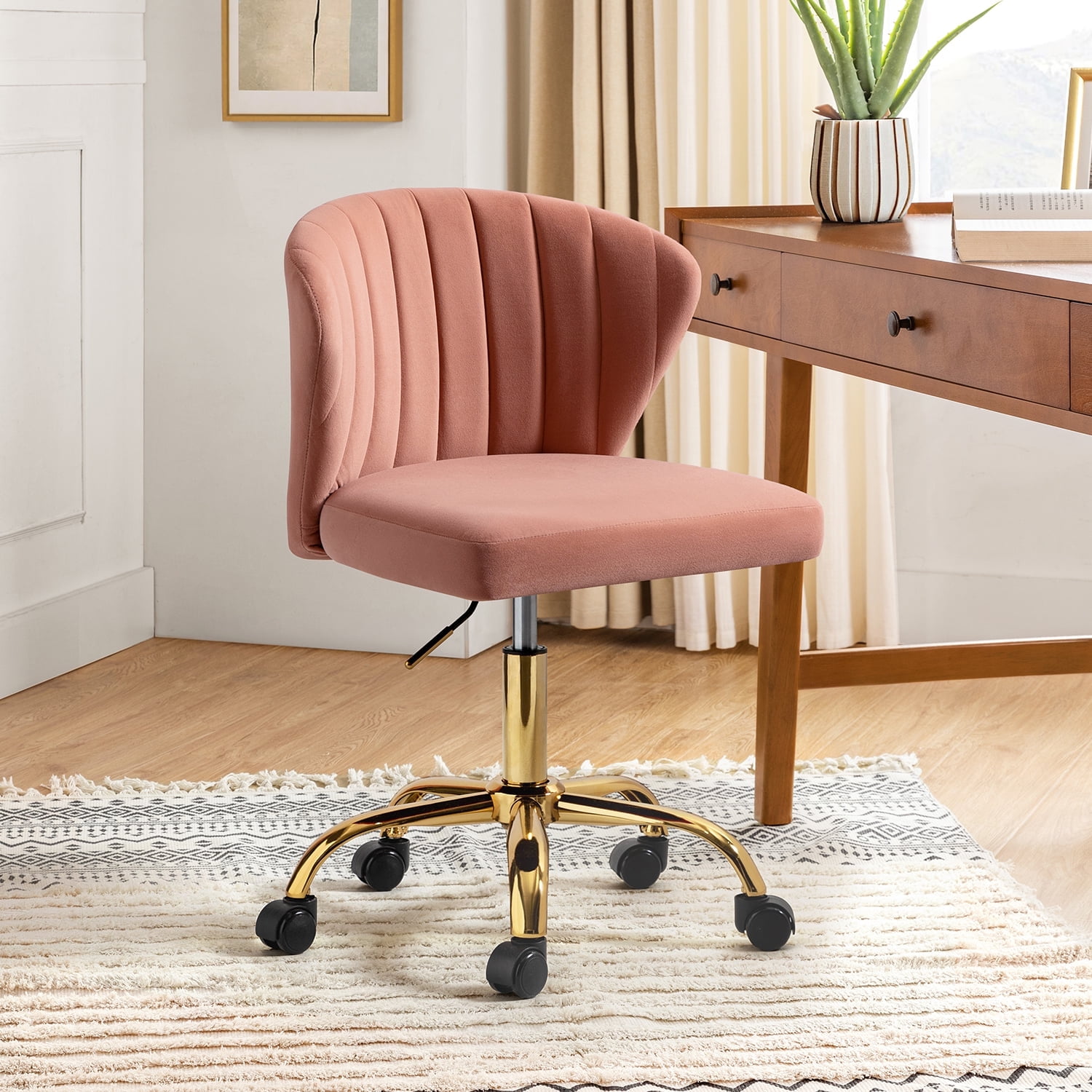 Pink Velvet Swivel Office Chair with Gold Legs, Adjustable Height Rolling Desk Chair for Vanity