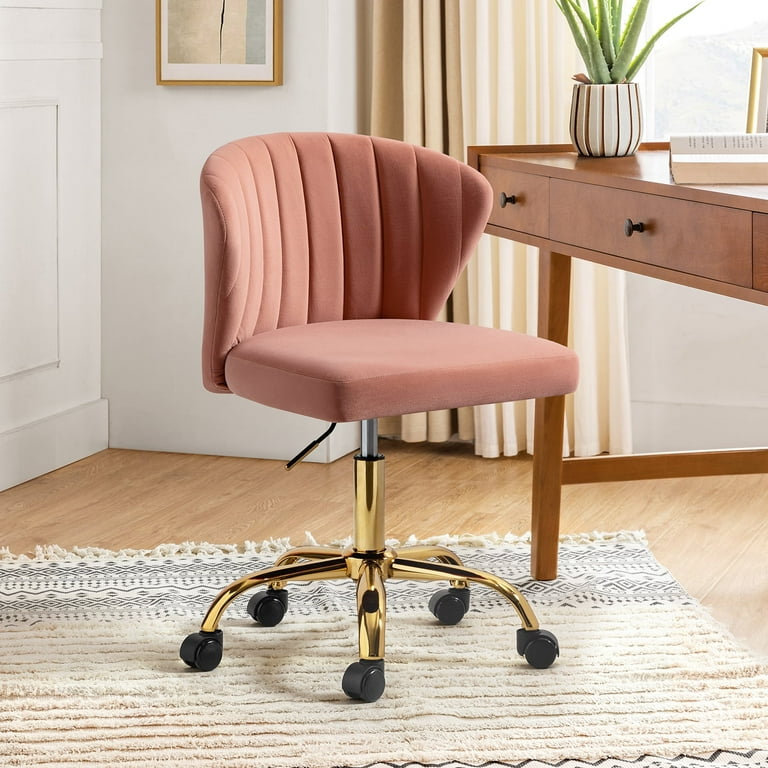 Adjustable Velvet Task Office Chair with Gold Legs Tufted Back and Wheels Pink Walmart