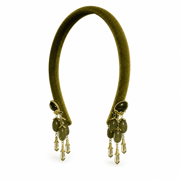 Velvet Tassel Headband for Women, Olive Green Wide Hair Hoop with Long Fringe Detail, French Vintage Inspired Fashion Hair Accessory, Elegant Headpiece for Dress, Traditional Style & Everyday Wear
