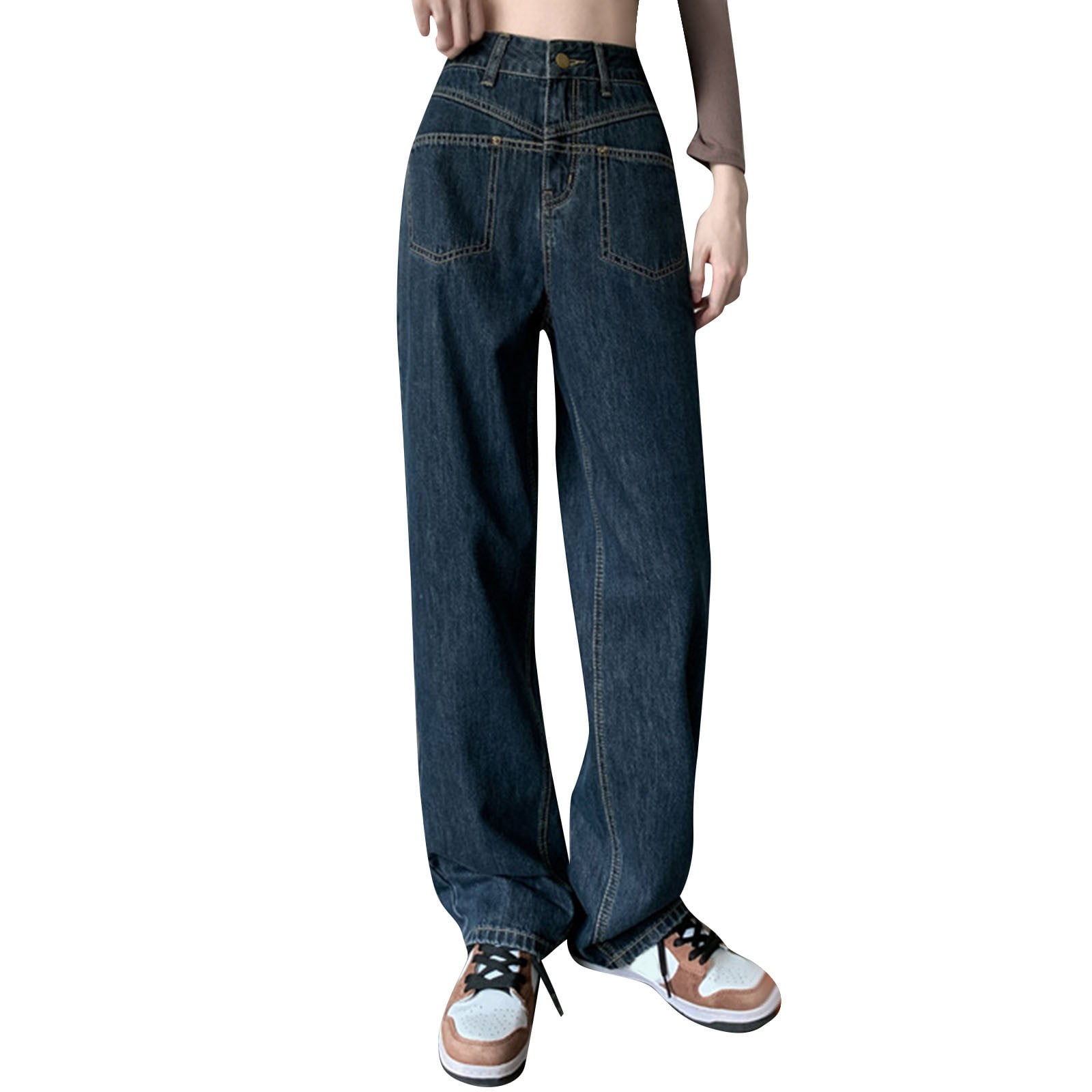Velvet Thickened Denim Wide Leg Pants High Waist Straight Floor Mopping