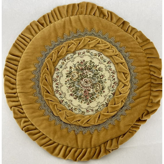 Velvet Throw Pillow Case with Floral Brocade Motif and Gold Bordered, Cognac 16 Inch Round