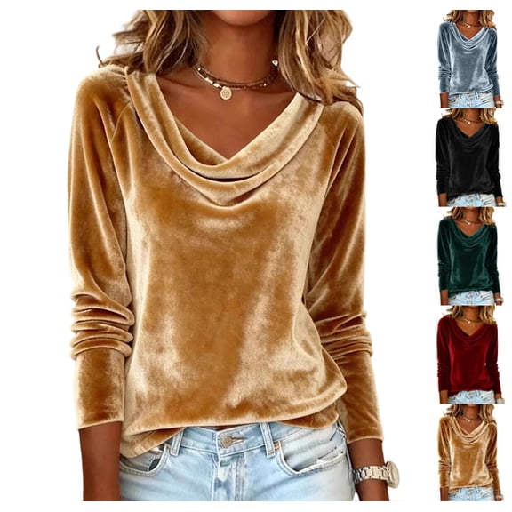 Velvet Top for Women Elegant Cowl Neck Long Sleeve Dressy Casual Blouse Tunic Shirts Vintage Clothing Gold S