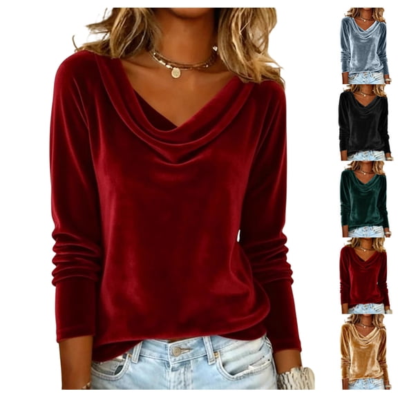 Velvet Top for Women Elegant Cowl Neck Long Sleeve Dressy Casual Blouse Tunic Shirts Vintage Clothing Red L