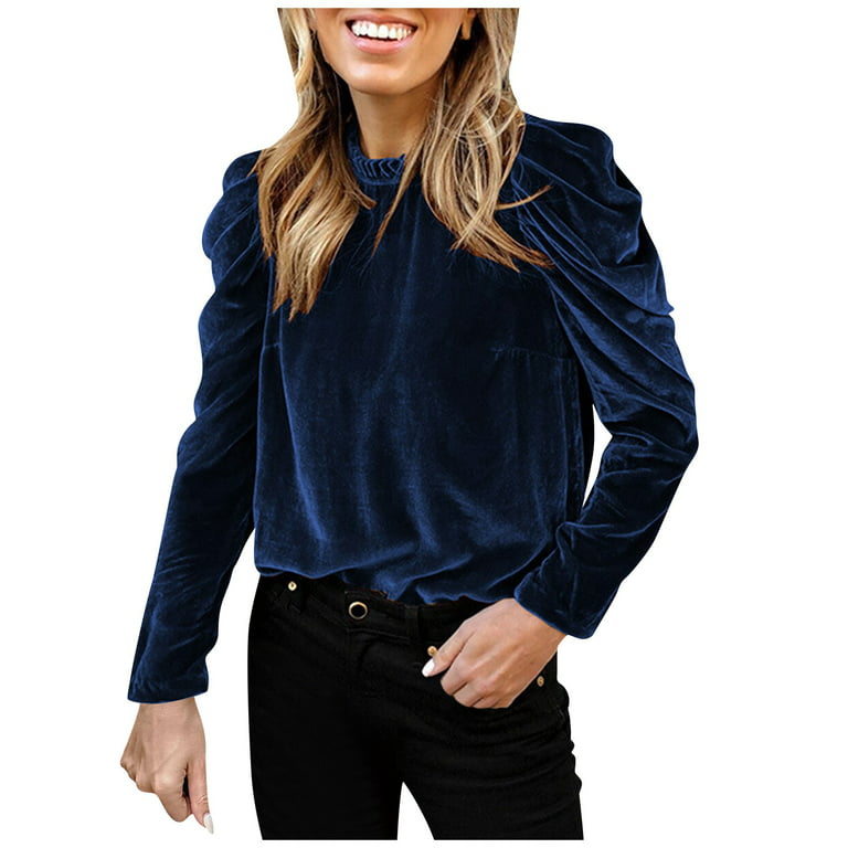 Velvet Top for Women's Elegant Puff Long Sleeve Shirt Casual Mock Neck  Vintage Glitter T-Shirt Blouse