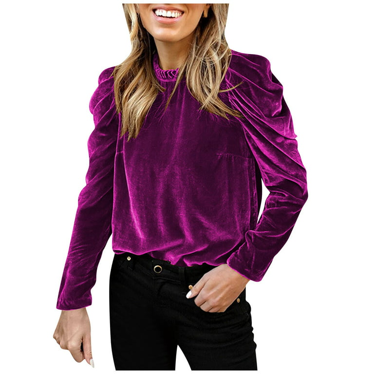 Velvet Top for Women's Elegant Puff Long Sleeve Shirt Casual Mock Neck  Vintage Glitter T-Shirt Blouse