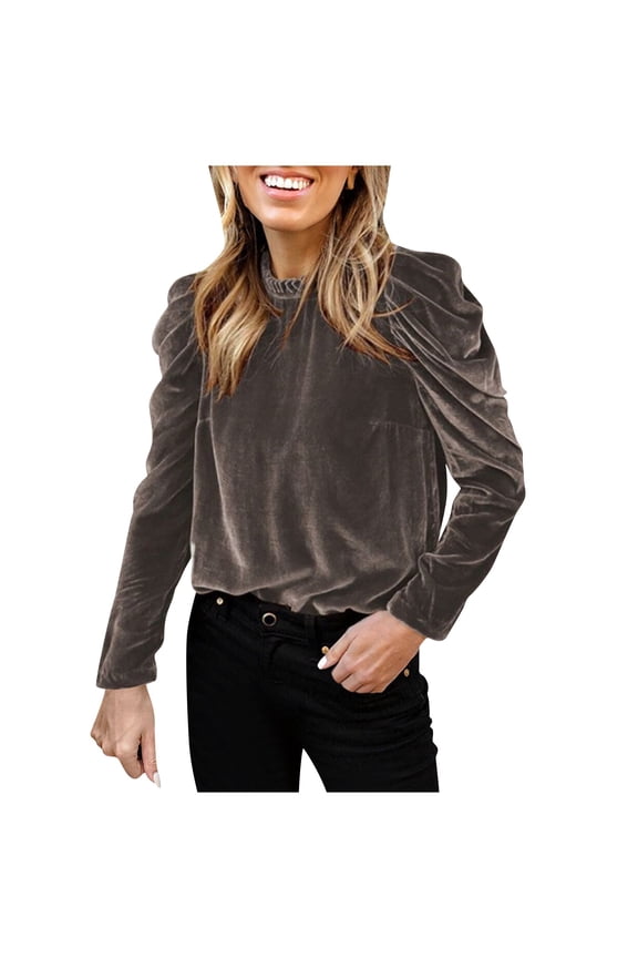 Velvet Top for Women's Elegant Puff Long Sleeve Shirt Casual Mock Neck Vintage Glitter T-Shirt Blouse