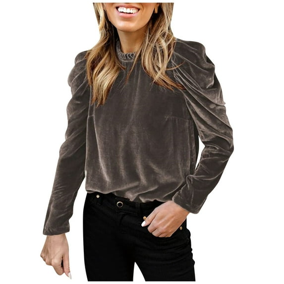 Velvet Top for Women's Elegant Puff Long Sleeve Shirt Casual Mock Neck Vintage Glitter T-Shirt Blouse