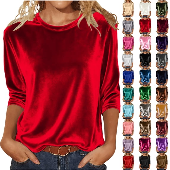 Velvet Tops Fashion Women's Comfortable Round-Neck 3/4 Sleeve Solid Casual Velvet T-shirt Party Blouse