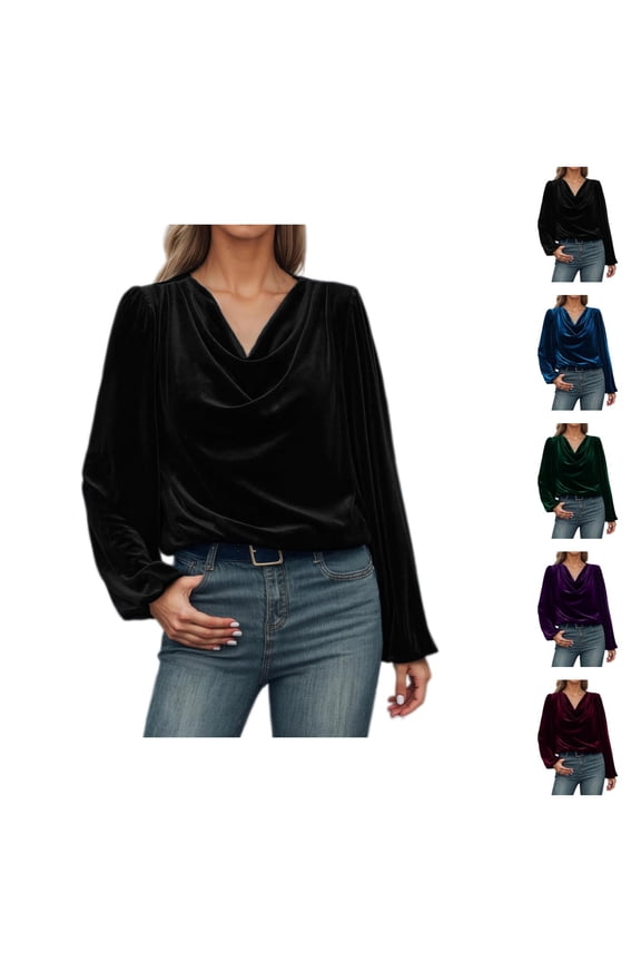 Velvet Tops For Women Long Sleeve Blouse Long Sleeve Solid Shirt Cowl Neck Drape Ruched Front Tops