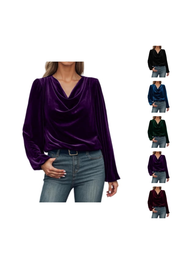 Velvet Tops For Women Long Sleeve Blouse Long Sleeve Solid Shirt Cowl Neck Drape Ruched Front Tops