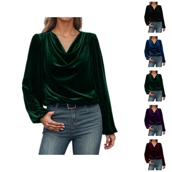 Velvet Tops For Women Long Sleeve Blouse Long Sleeve Solid Shirt Cowl Neck Drape Ruched Front Tops
