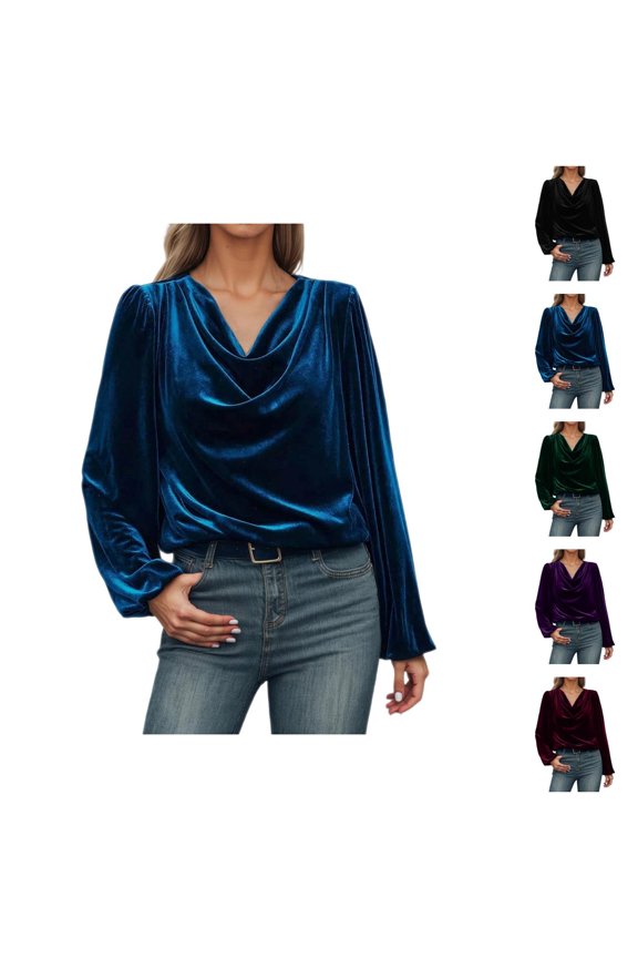 Velvet Tops For Women T Shirts Casual Long Sleeve Solid Shirt Cowl Neck Drape Ruched Front Long Sleeve Blouses Tops