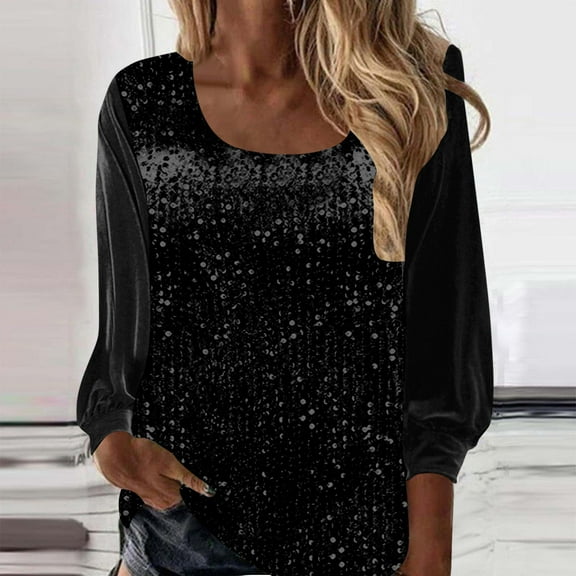 Velvet Tops for Women Cocktail Sequins Long Sleeve Sparkle Velvet Blouse Trendy Crew Neck Casual Shirts Loose Glitter Night Out Tops for Elegant Evening