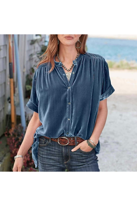Velvet Tops For Women Dressy Casual Button Down Blouses Comfy Soft Short Sleeve Tshirts Denim Shirts for Juniors Shirt 3x Juniors Casual Shirts Sunblock Long Sleeve T Shirts for Woman Women Button