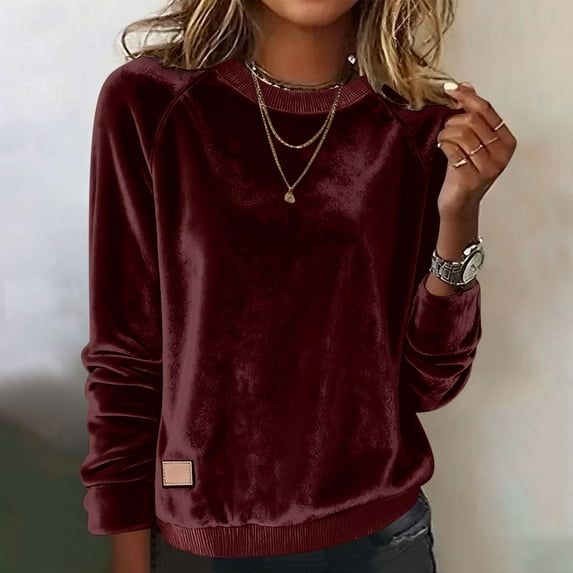 Velvet Tops for Women Dressy Vintage Long Sleeve Shirts Elegant Velour Tops Holiday Outfits Loose Fit Velour Blouse Crewneck Solid Holiday Party Outfits