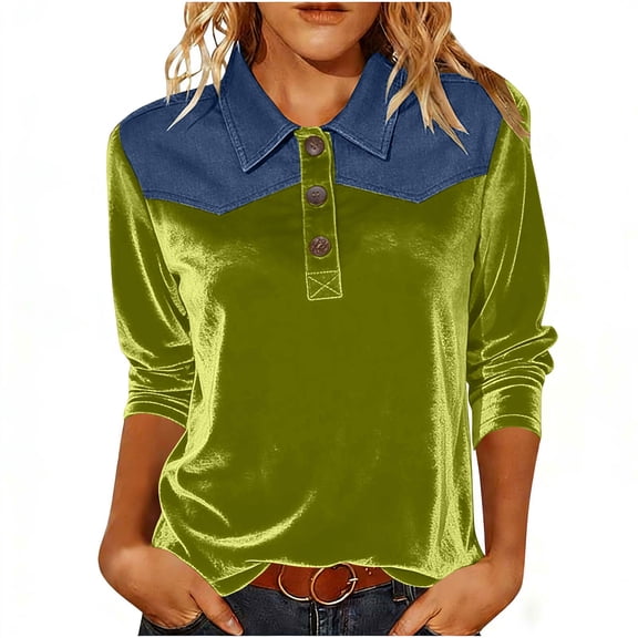 Velvet Tops Womens 3/4 Sleeve Denim Jean Patchwork Buttons Collared Vintage Dressy Casual Velour Blouse Shirt (S, Mint Green)