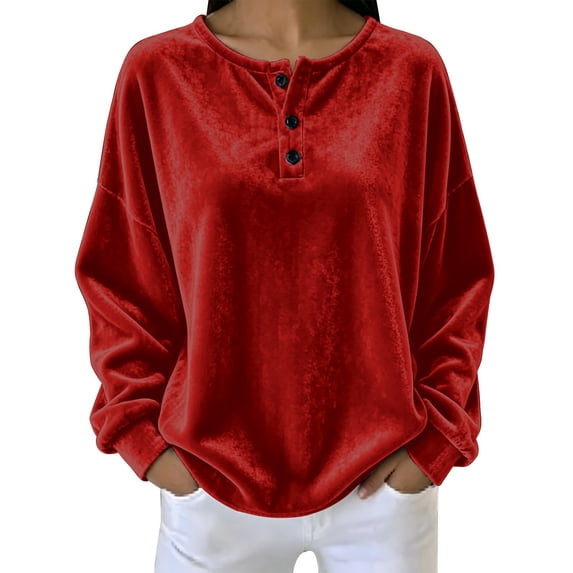 Velvet Tops for Women 2026 Long Sleeve Shirts Casual Loose Fit Velour Pullover Tee Shirts Soft Comfy Warm Lightweight Basic Tops by Yigetop Red M