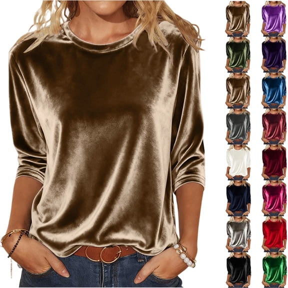 Velvet Tops for Women 3/4 Sleeve Round Neck Velour Shirts Trendy Casual Solid Color Blouses,Khaki XXL