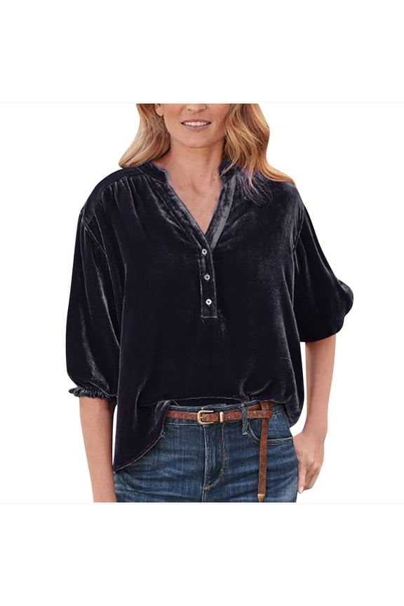 Velvet Tops for Women Button Up Henley T-Shirt Flutter Sleeve V-Neck Pullover Dressy Summer Blouses