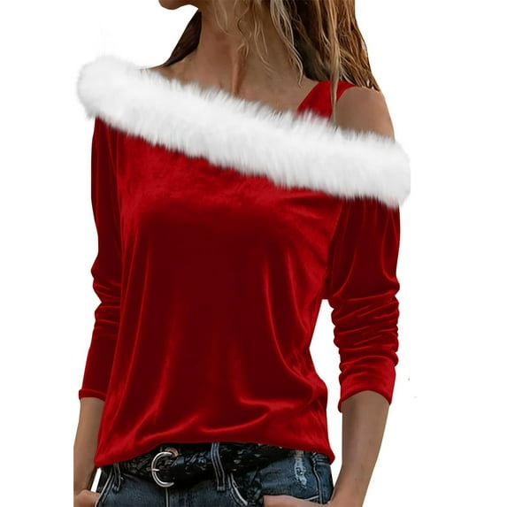 Velvet Tops for Women Christmas Off Shoulder Solid Color Long Sleeve Pullover Shirt Sweatshirt Tops
