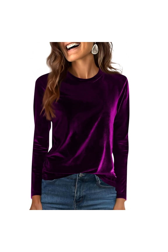 Velvet Tops for Women Crewneck Long Sleeve Velour Shirt Ladies Dressy Casual Blouses Fall Fashion Purple M