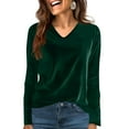 thumbnail image 1 of Velvet Tops for Women Dressy Casual V Neck Shirts Loose Fit Long Sleeve Vintage Velour Blouse Solid Color Holiday Party Outfits Dark Green 4XL, 1 of 5