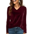 thumbnail image 1 of Velvet Tops for Women Dressy Casual V Neck Shirts Loose Fit Long Sleeve Vintage Velour Blouse Solid Color Holiday Party Outfits Wine XL, 1 of 5