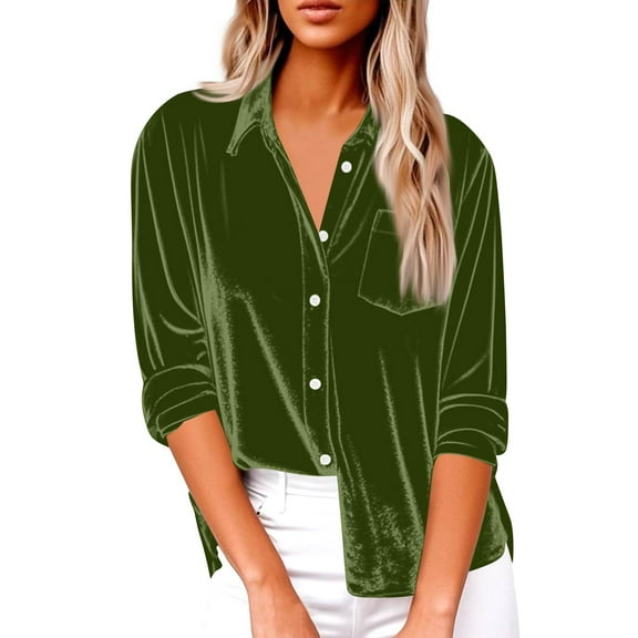 Velvet Tops for Women Dressy Long Sleeve V Neck Collared Button Down Shirts Retro Velour Blouses with Pocket Army Green M