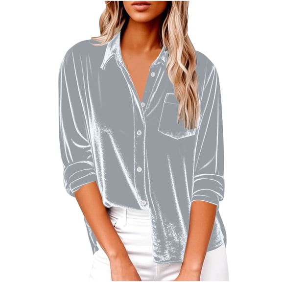Velvet Tops for Women Dressy Long Sleeve V Neck Collared Button Down Shirts Retro Velour Blouses with Pocket Gray 2XL