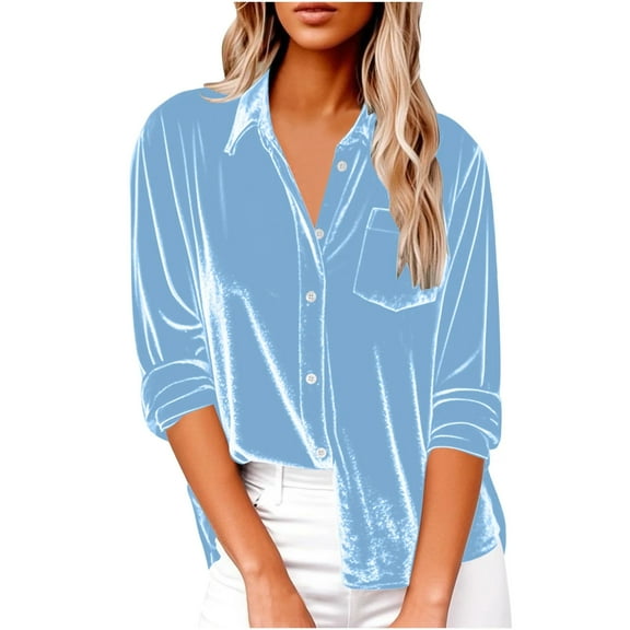 Velvet Tops for Women Dressy Long Sleeve V Neck Collared Button Down Shirts Retro Velour Blouses with Pocket Light Blue S