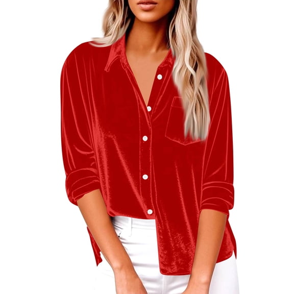 Velvet Tops for Women Dressy Long Sleeve V Neck Collared Button Down Shirts Retro Velour Blouses with Pocket Red L