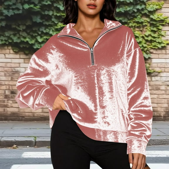 Velvet Tops for Women Dressy Quarter Zip up Pullover Holiday V Neck Long Sleeve Comfy Sweatshirts Trendy Drop Shoulder Fall Winter Tunic Shirts