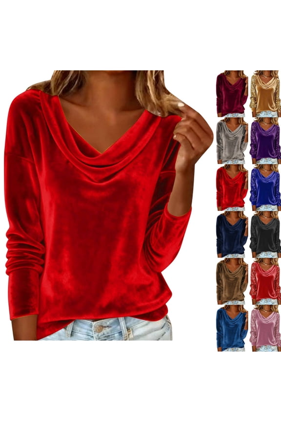 Velvet Tops for Women Fitted Long Sleeve Shirts Cowl Neck Velour Winter Solid Color Blouses Pullover Holiday Red S