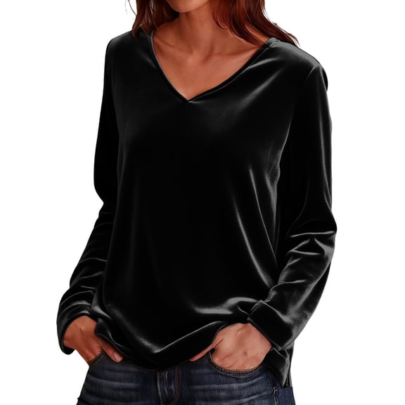 Velvet Tops for Women Long Sleeve Cozy V Neck Shirts Dressy Casual Velour Loose Fit Lightweight Work Blouses Black 2XL