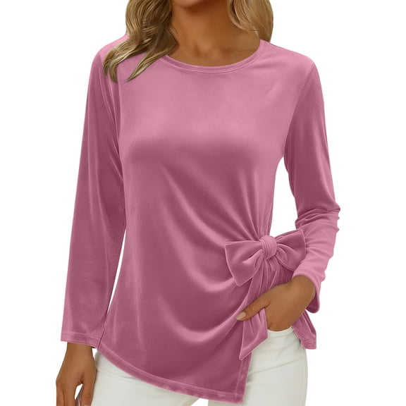 Velvet Tops for Women Long Sleeve Crew Neck Dressy Casual Blouses Fashion Side Bow Slit Top Pullover Shirts