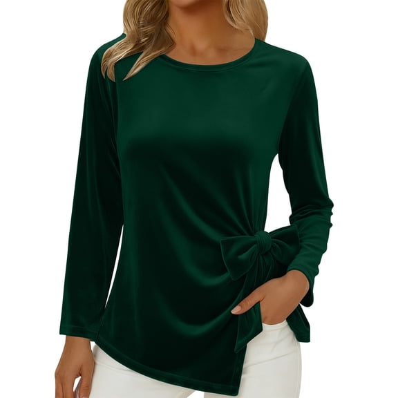 Velvet Tops for Women Long Sleeve Crew Neck Dressy Casual Blouses Fashion Side Bow Slit Top Pullover Shirts