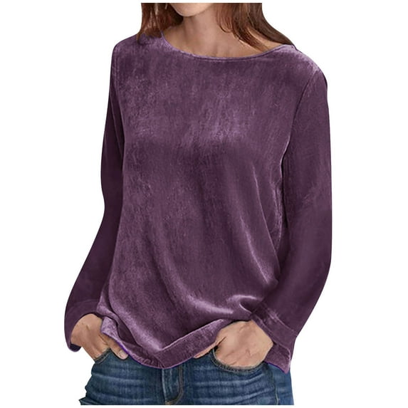 Velvet Tops for Women Long Sleeve Crew Neck Shirt Blouse Pullove Solid Casual Tee Shirt Elegant Velvet Tops