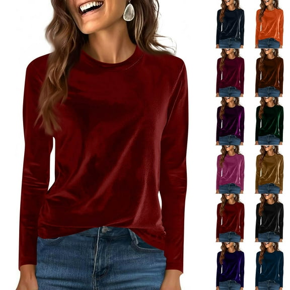 Velvet Tops for Women Long Sleeve Shirt Blouse Round Neck Pullover Solid Tee Shirt Trendy Fall Fashion Ladies Clothes Red 2XL