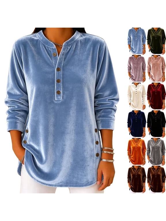 Velvet Tops for Women Long Sleeve V Neck Button Up Henley Shirt Loose Casual Tunic Blouse Soft Pullover Tee Fall Winter Fashion Top