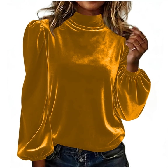 Velvet Tops for Women Plus Size Fashion Women's Casual Solid Color PleatedLong Sleeve Turndown Collar Blouse Shirt Yellow L