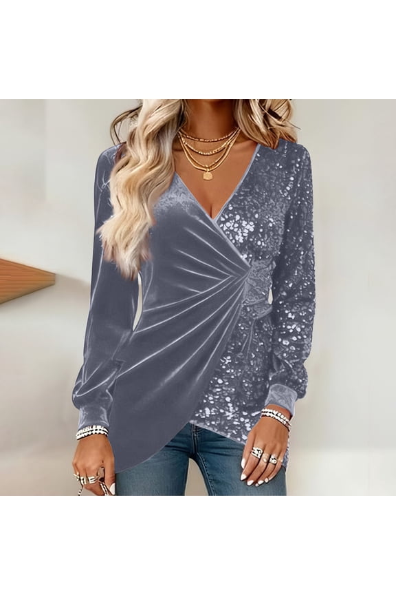 Velvet Tops for Women Plus Size Ladies' fashionable casual solid color gold velvet sequin long sleeved V-neck top Gray XXL